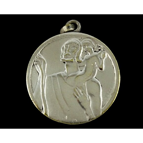 St Christopher Large Vintage Mod Medal Pendant Signed Trecy Patron Saint Travel - Picture 1 of 4